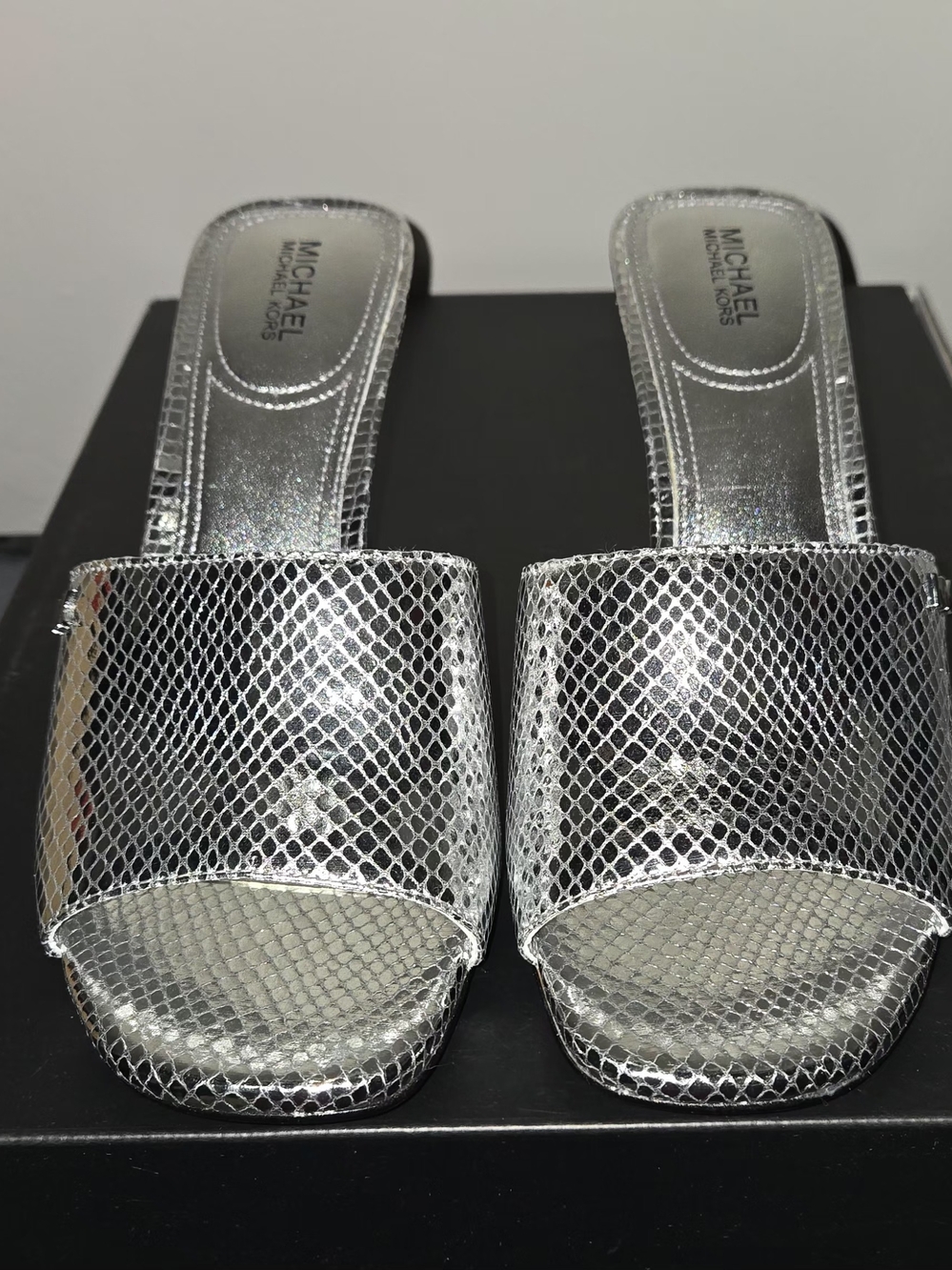 Michael Kors Silver Metallic Snake-Print Slide Mules